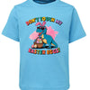Blue t-shirt with Easter-themed dinosaur graphic and text on a white background