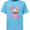 Blue t-shirt with Easter bunny graphic on a white background