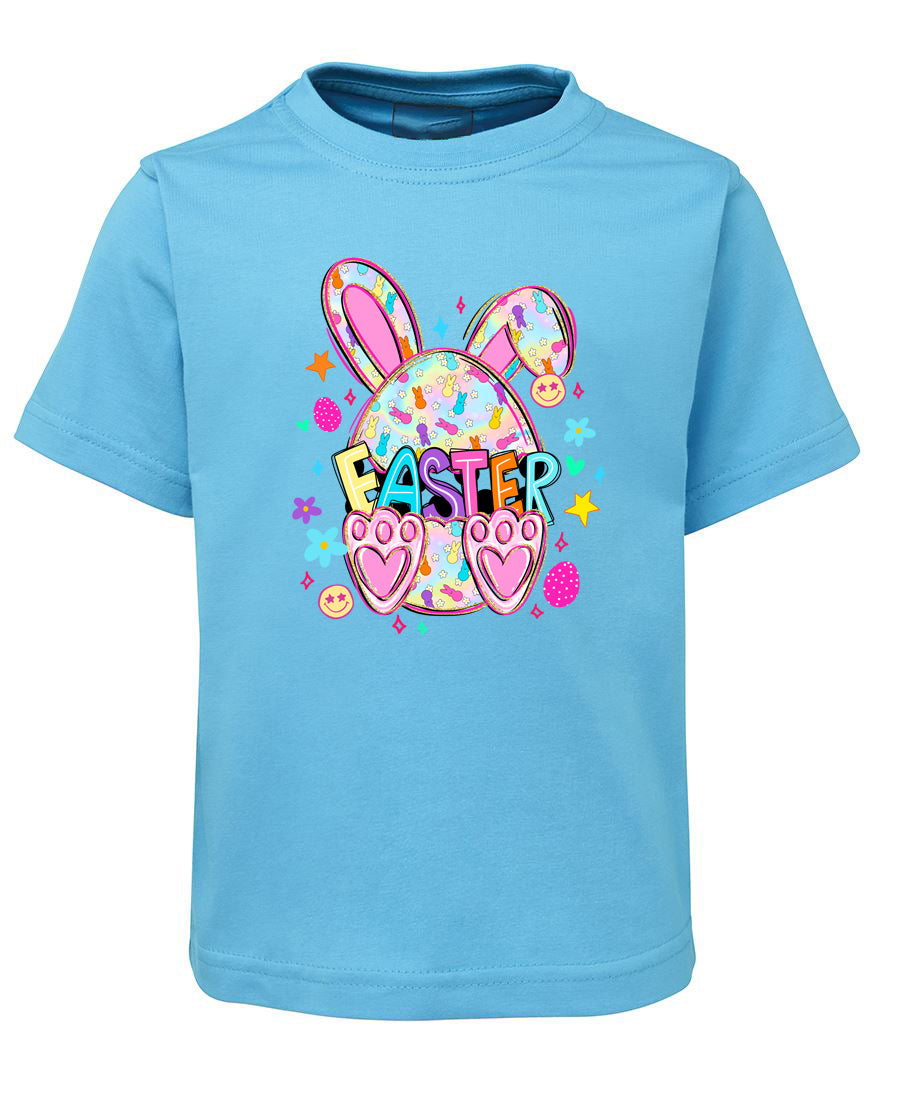 Blue t-shirt with Easter bunny graphic on a white background