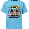 Blue t-shirt with Easter graphic and text on a white background