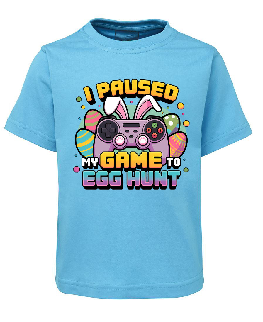 Blue t-shirt with Easter graphic and text on a white background