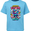 Blue t-shirt with colorful Easter graphic design on a white background
