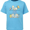 Blue t-shirt with cartoon design and name 'Paul' on a white background