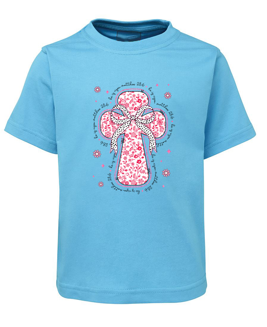 He Is Risen Christian T-Shirt- Pink Cross with Bow Easter Tee