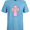 Light blue t-shirt with a pink floral cross design on a white background