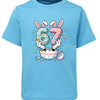 Blue t-shirt with a colorful number 67 design featuring bunny ears on a white background