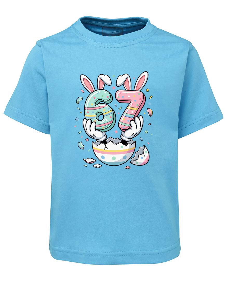 Blue t-shirt with a colorful number 67 design featuring bunny ears on a white background