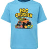 Light blue t-shirt with 'Egg Crusher' graphic featuring a dinosaur and truck on a white background