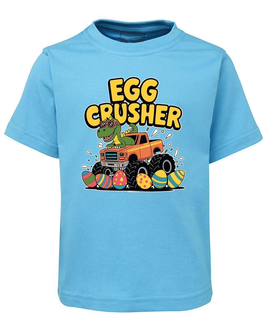 Light blue t-shirt with 'Egg Crusher' graphic featuring a dinosaur and truck on a white background