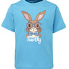 Blue t-shirt with a rabbit graphic and 'Timothy' text on a white background
