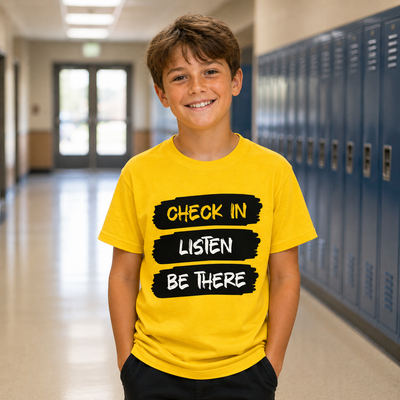 A smiling young boy stands in a school hallway wearing a bright yellow t-shirt with black graphic blocks and the text 'CHECK IN LISTEN BE THERE'.