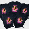 Black t-shirts with a graphic of a woman and text 'Lydia's Birthday' on a white background