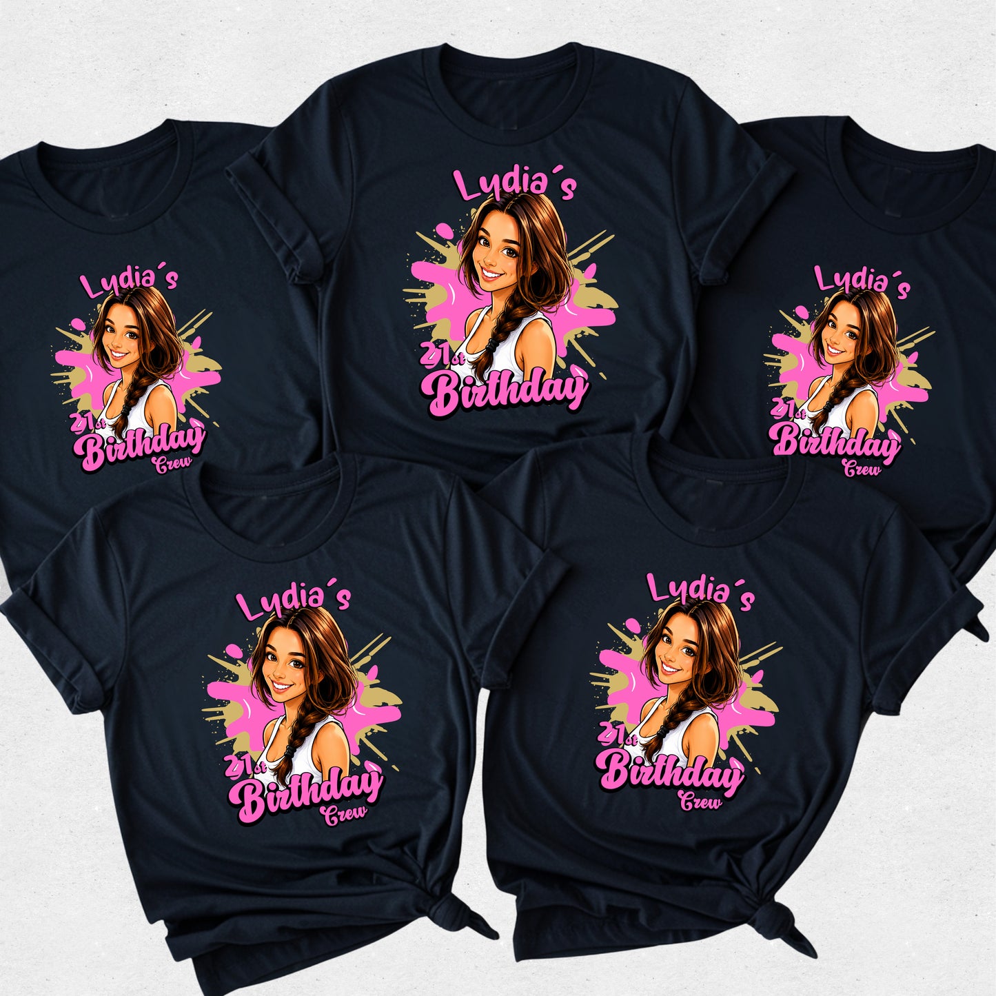Black t-shirts with a graphic of a woman and text 'Lydia's Birthday' on a white background