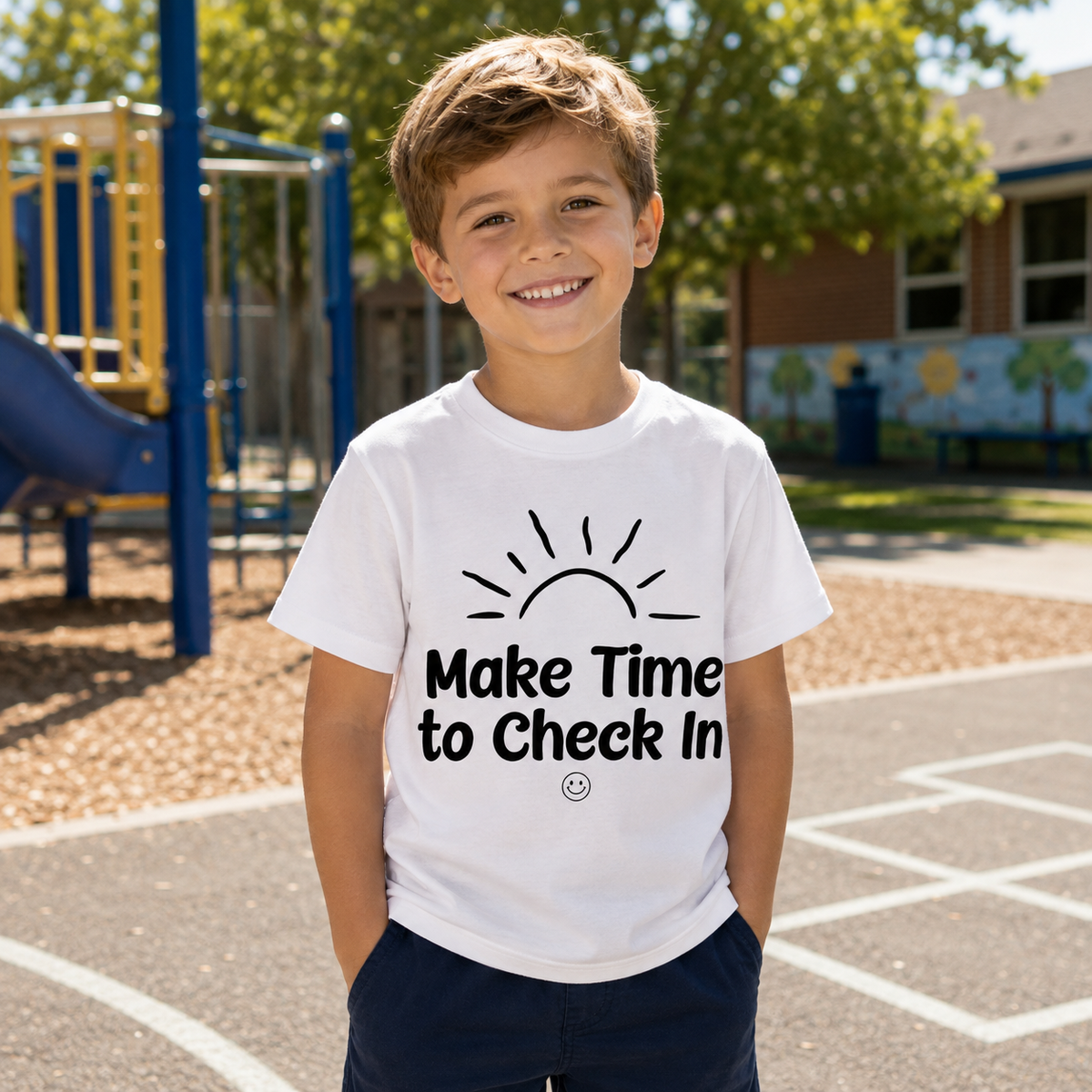 A smiling young boy stands on a playground wearing a white graphic t-shirt with a black sun illustration and the text 'Make Time to Check In'.