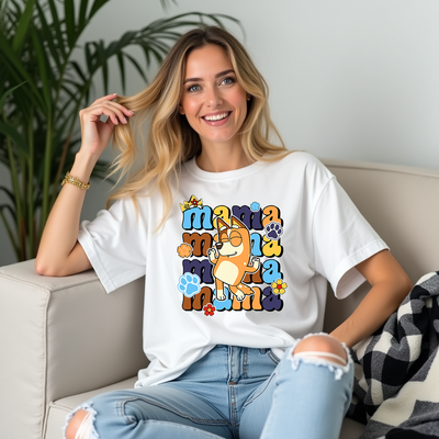 White T-shirt with Just a Mama Who Loves Bluey design