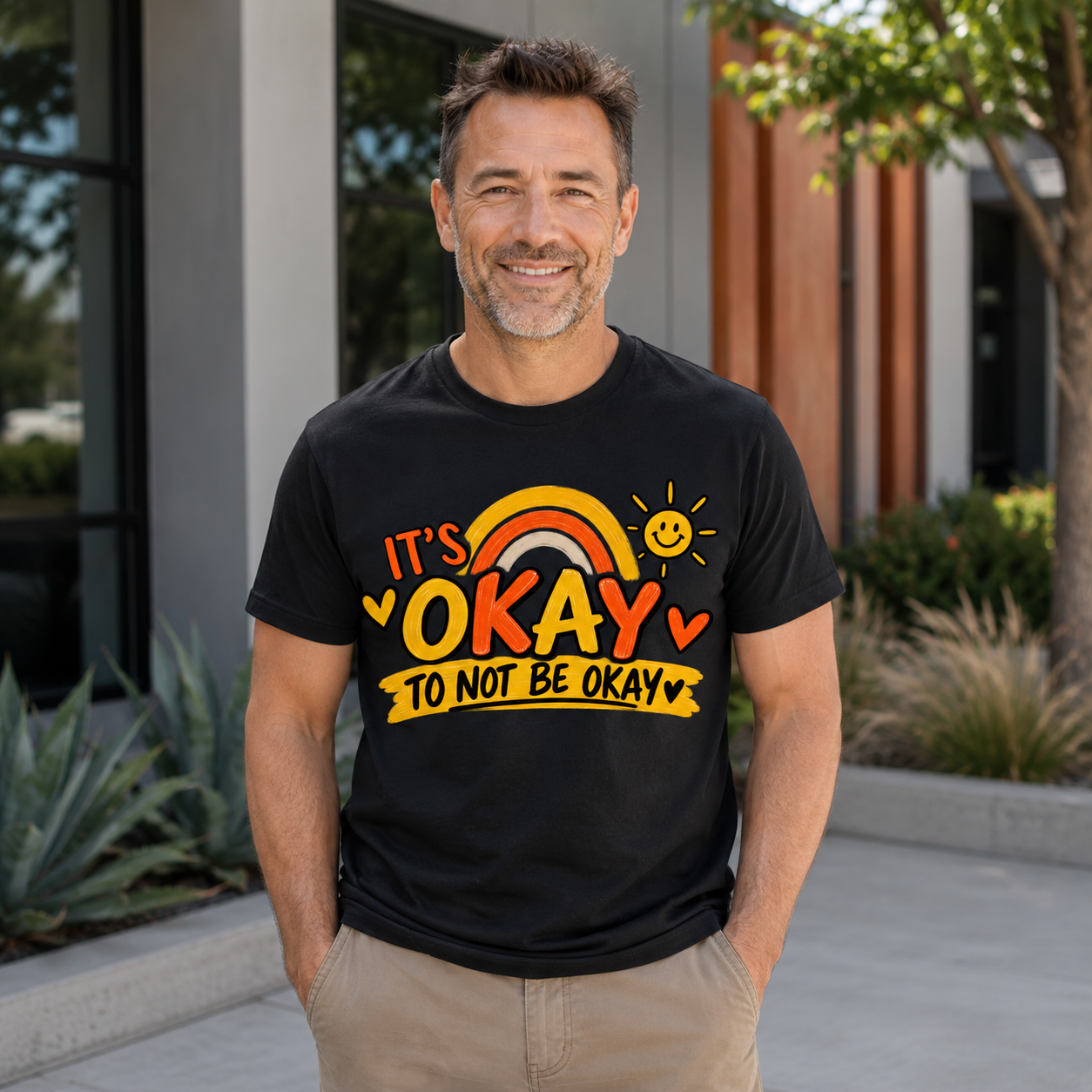 A smiling man wearing a black graphic T-shirt that reads 'IT'S OKAY TO NOT BE OKAY' with a rainbow, sun, and heart details, standing outdoors in front of a modern building.