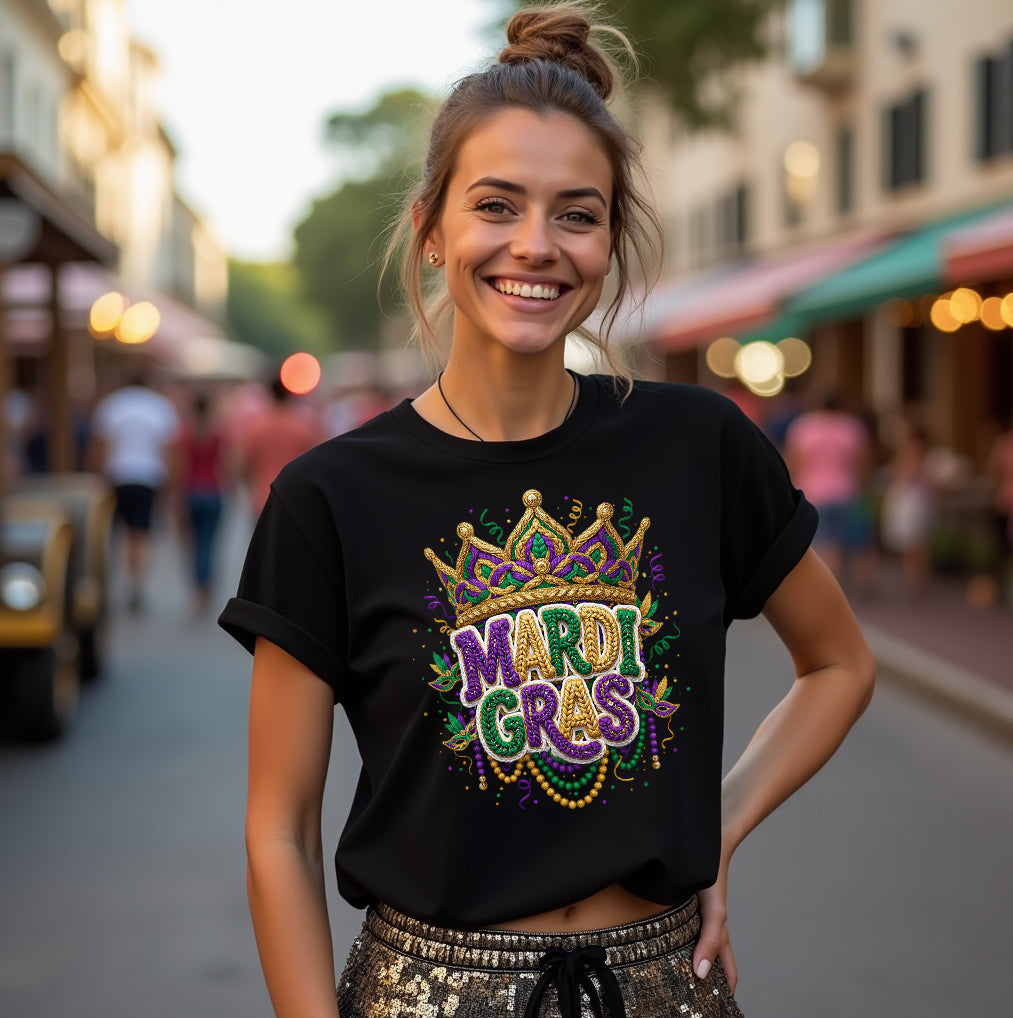 Woman wearing a black t-shirt with Mardi Gras design on a street.