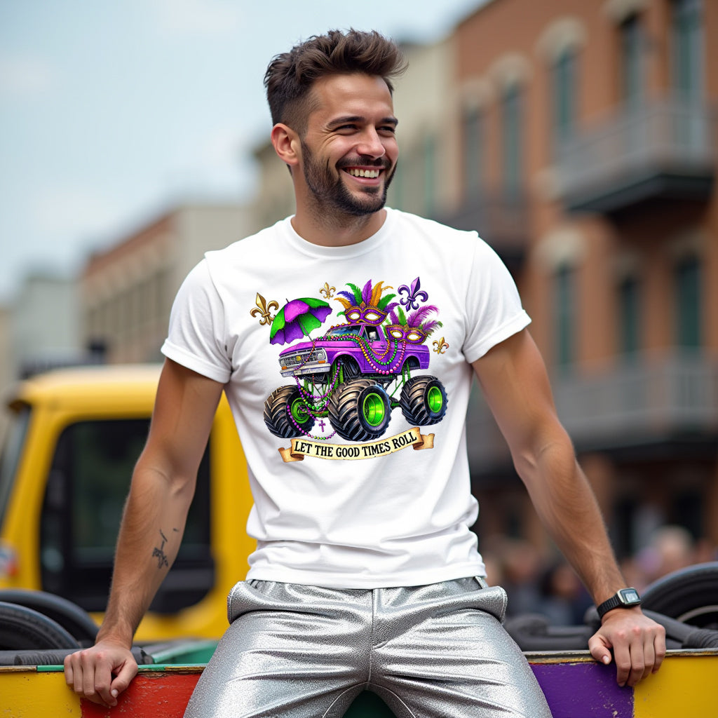 Man wearing a white t-shirt with a colorful graphic design, standing outdoors.