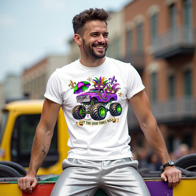 Man wearing a white t-shirt with a colorful graphic design, standing outdoors.