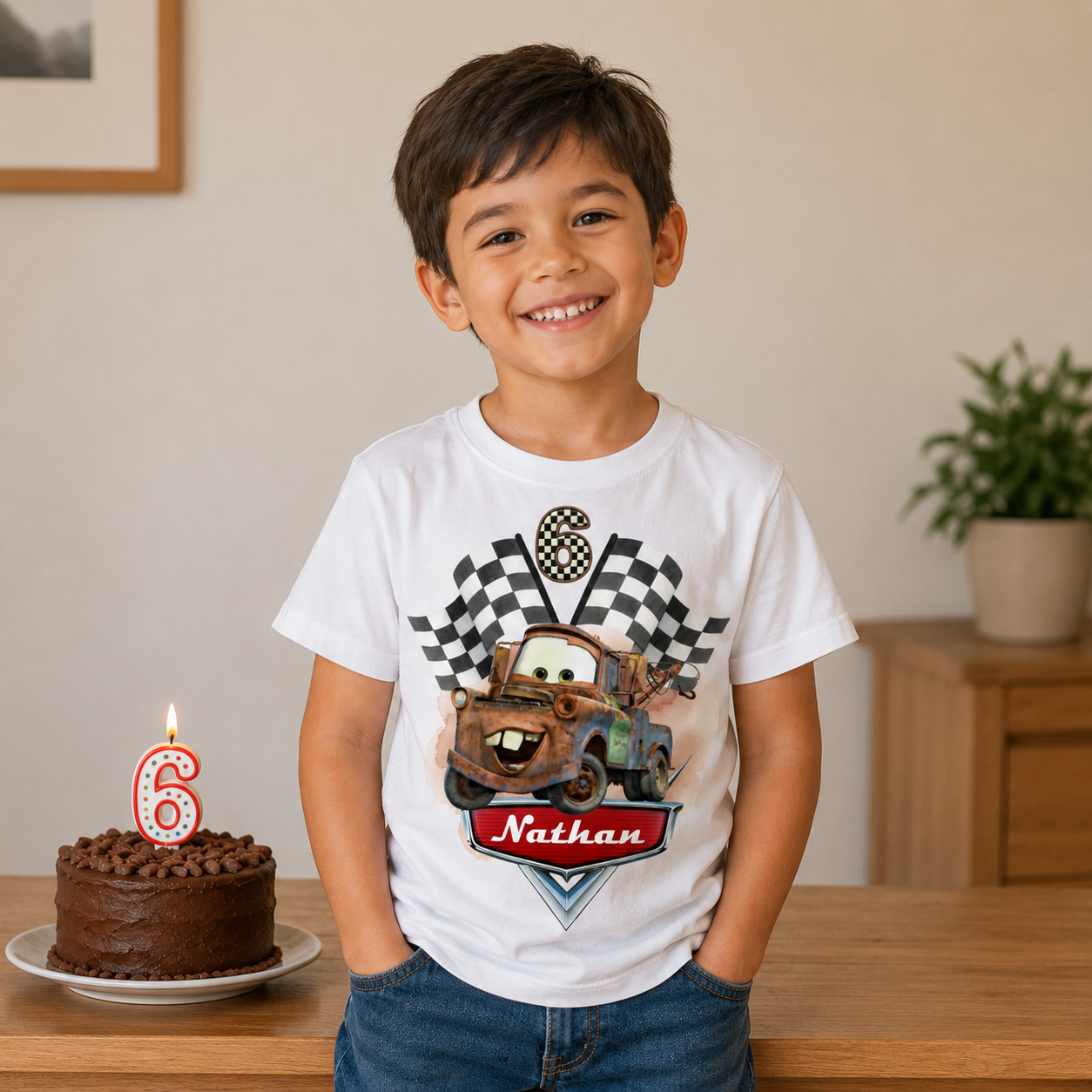 Child wearing a white t-shirt with a car graphic and number 6, standing next to a chocolate cake with a number 6 candle.