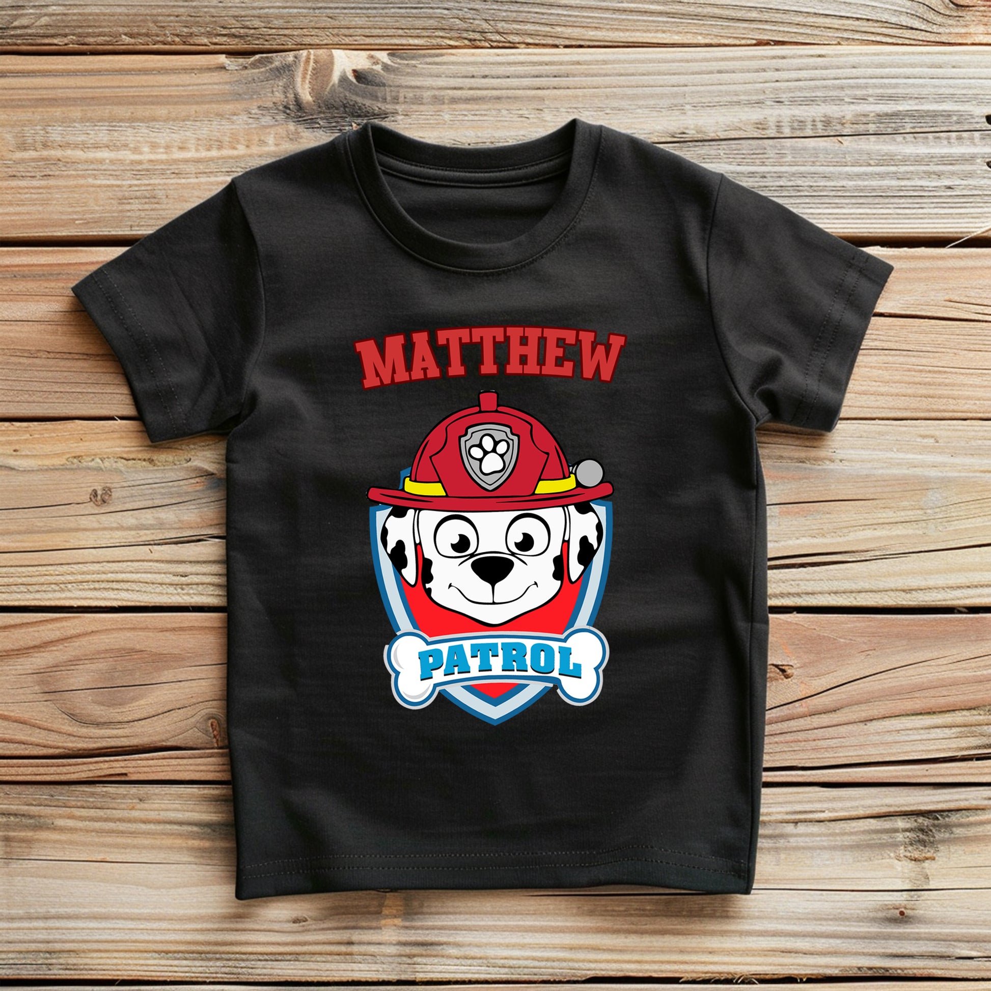 Kids Paw Patrol tee with chosen character and name in bright colours.