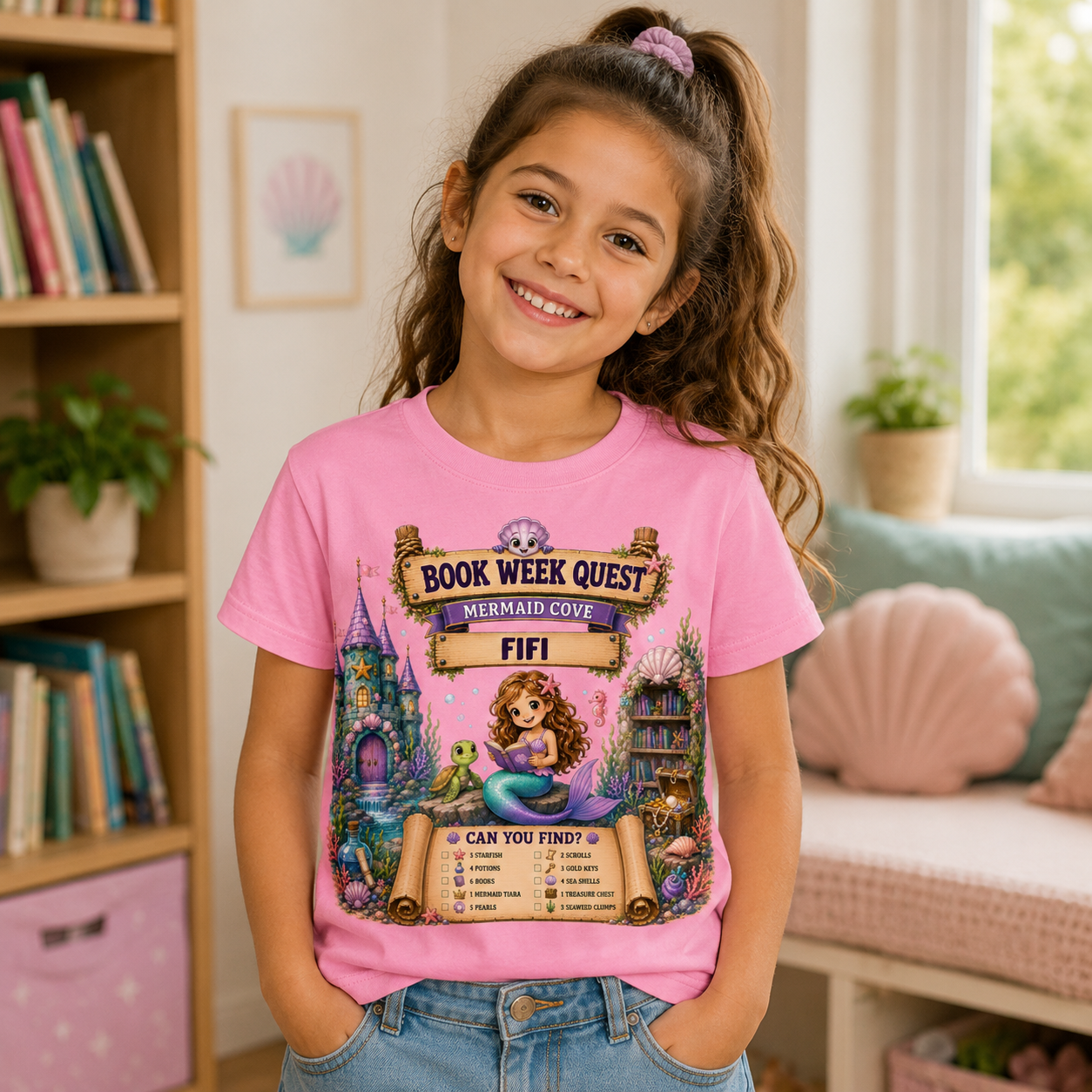 A young girl with brown hair in a ponytail smiles while wearing a pink graphic t-shirt that reads 'Book Week Quest Mermaid Cove Fifi' with a mermaid and castle illustration, set in a cozy, book-filled room.