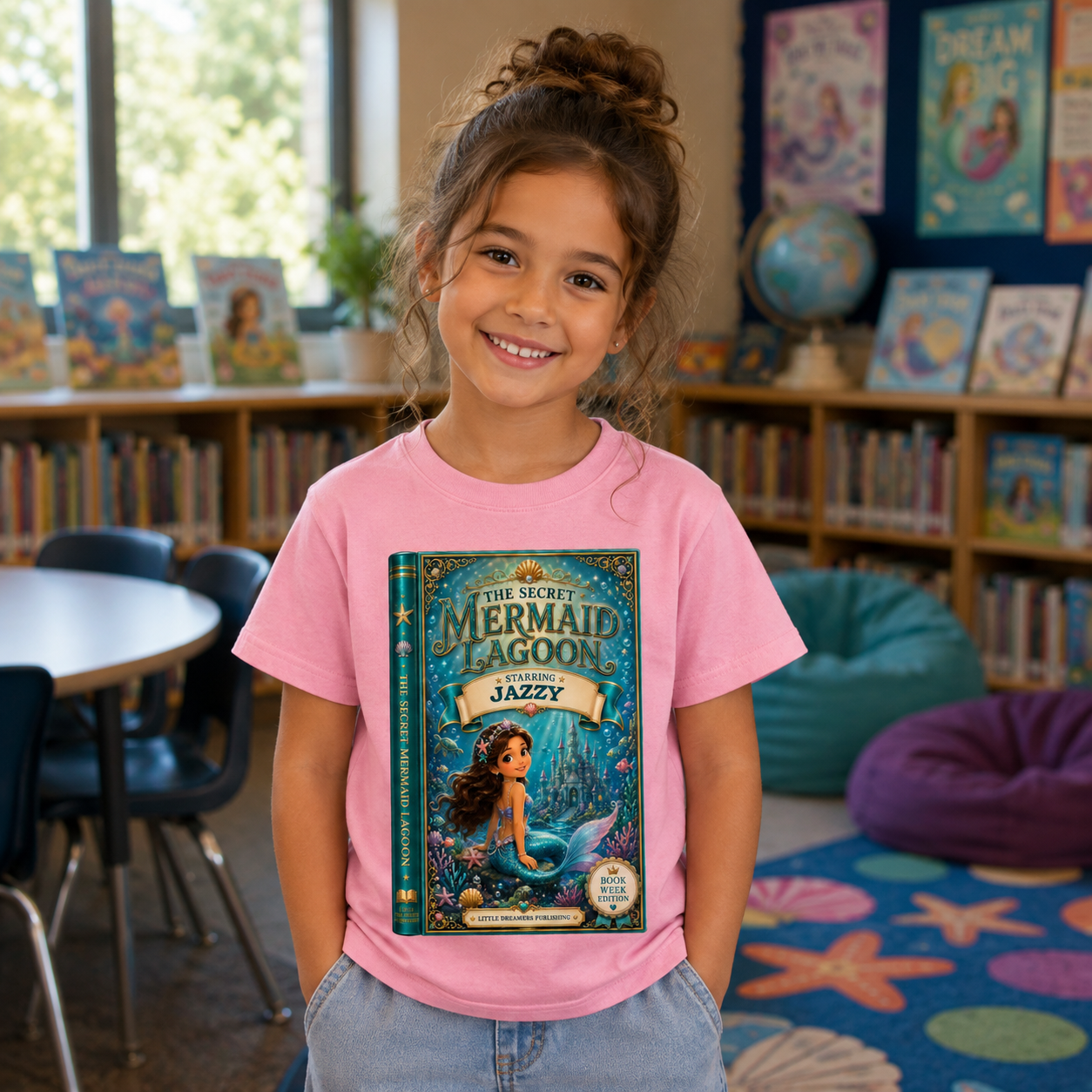 A young girl with her hair in a messy bun stands in a children's library or classroom, wearing a pink t-shirt with a large graphic print of the book 'The Mermaid Lagoon and Jazzy' on the front. The background features bookshelves, a globe, and colorful floor decorations.
