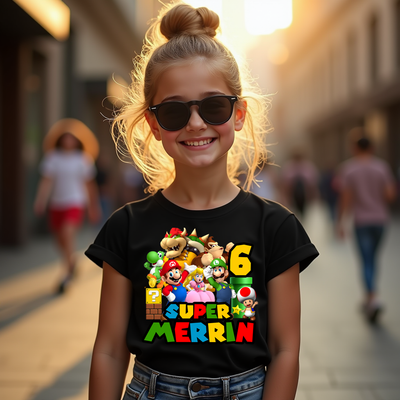 Child wearing Super Mario Inspired Birthday Bash T-shirt at a birthday party