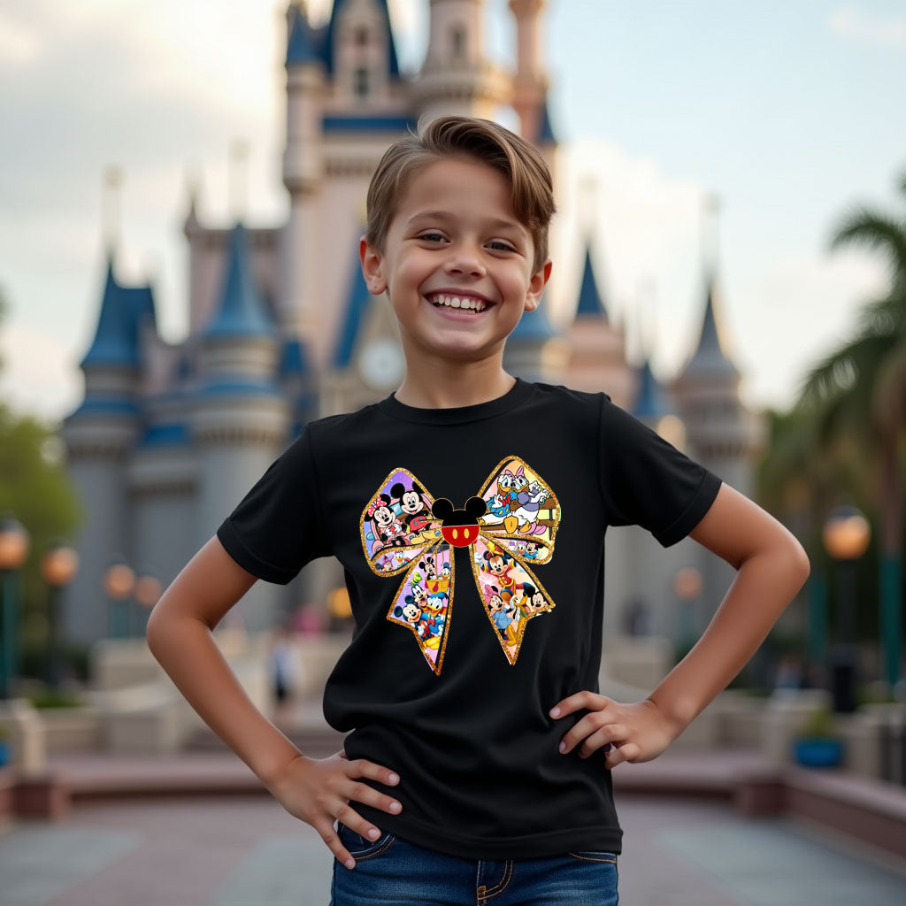 Child wearing a black t-shirt with a colorful bow design in front of a castle.