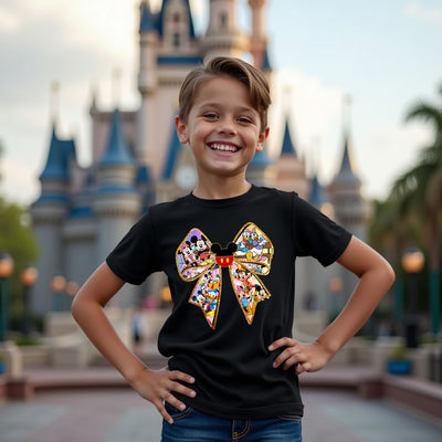 Child wearing a black t-shirt with a colorful bow design in front of a castle.
