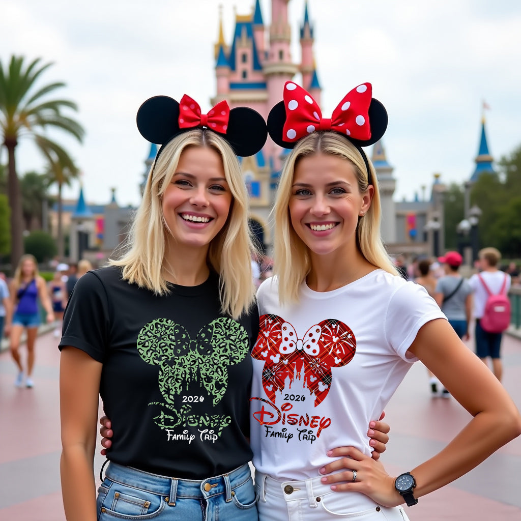 Two women wearing Disney-themed shirts and ears in front of a castle.