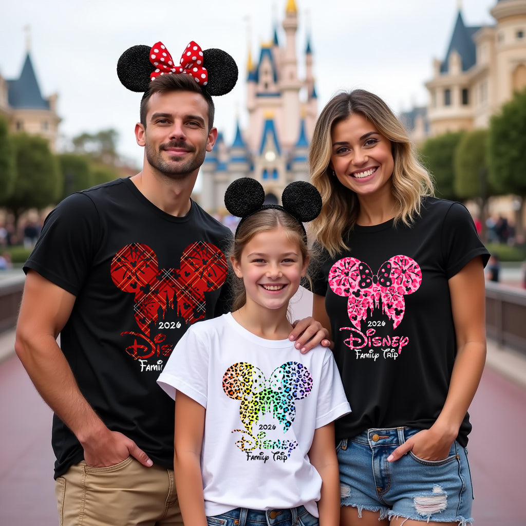 Family of three wearing Disney-themed shirts and Mickey Mouse ears in front of a castle.