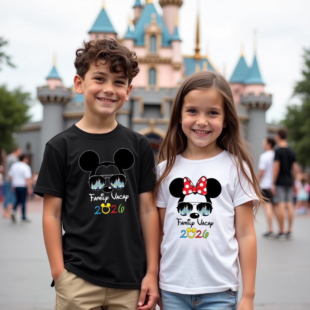 Two children wearing matching t-shirts with a disney castle in the background
