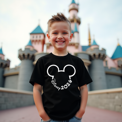 Child wearing a black t-shirt with a Disney 2026 design in front of a castle.