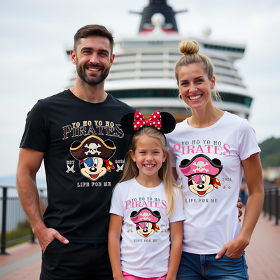 Family wearing matching  Disney 'Yo Ho Ho Pirates' shirts with a cruise ship in the background