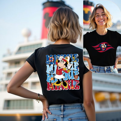 Person wearing a black t-shirt with a colorful graphic design in front of a cruise ship.