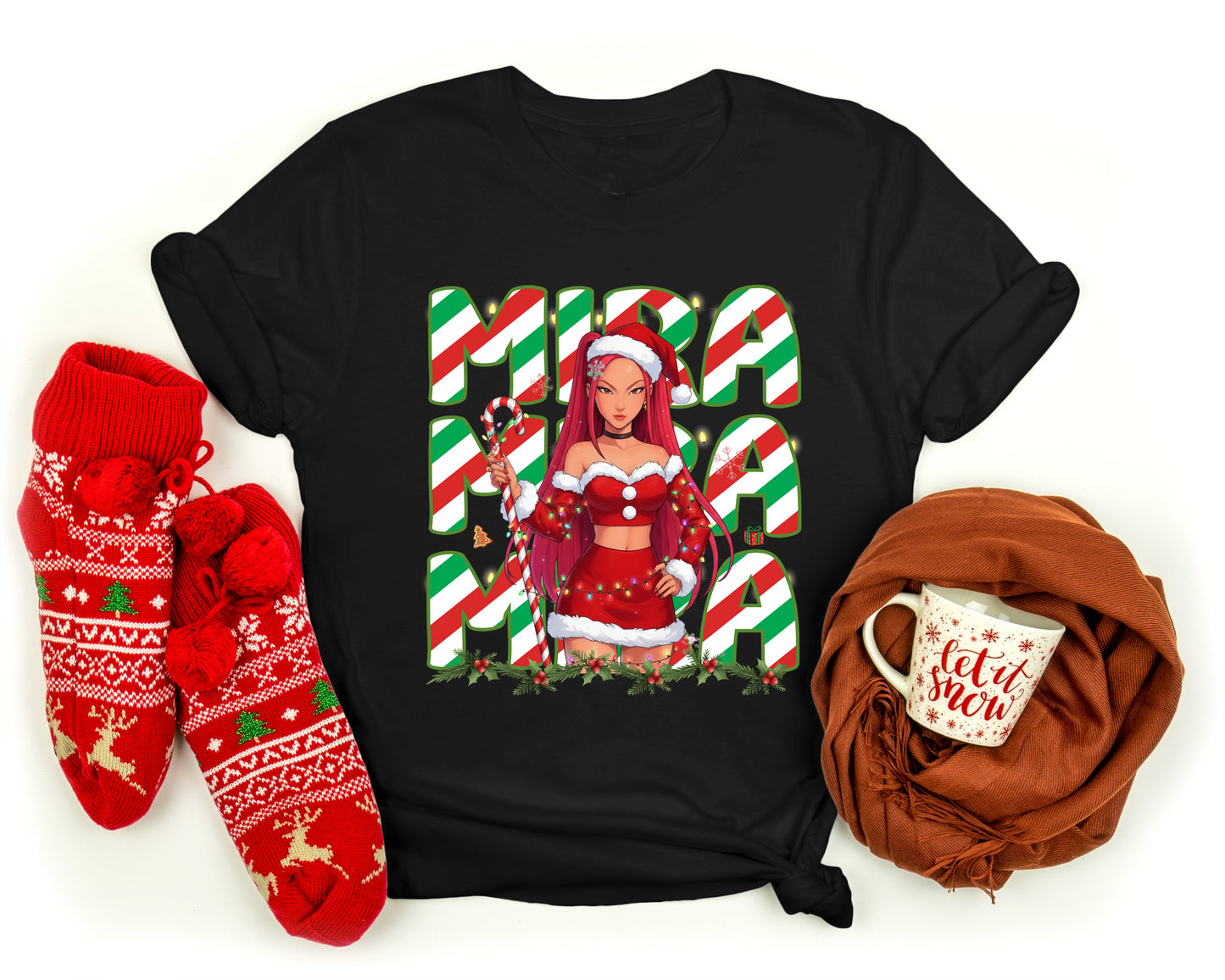 Mira 3D Art Demon Hunters Christmas K-Pop graphic t-shirt, bold seasonal streetwear for fans.