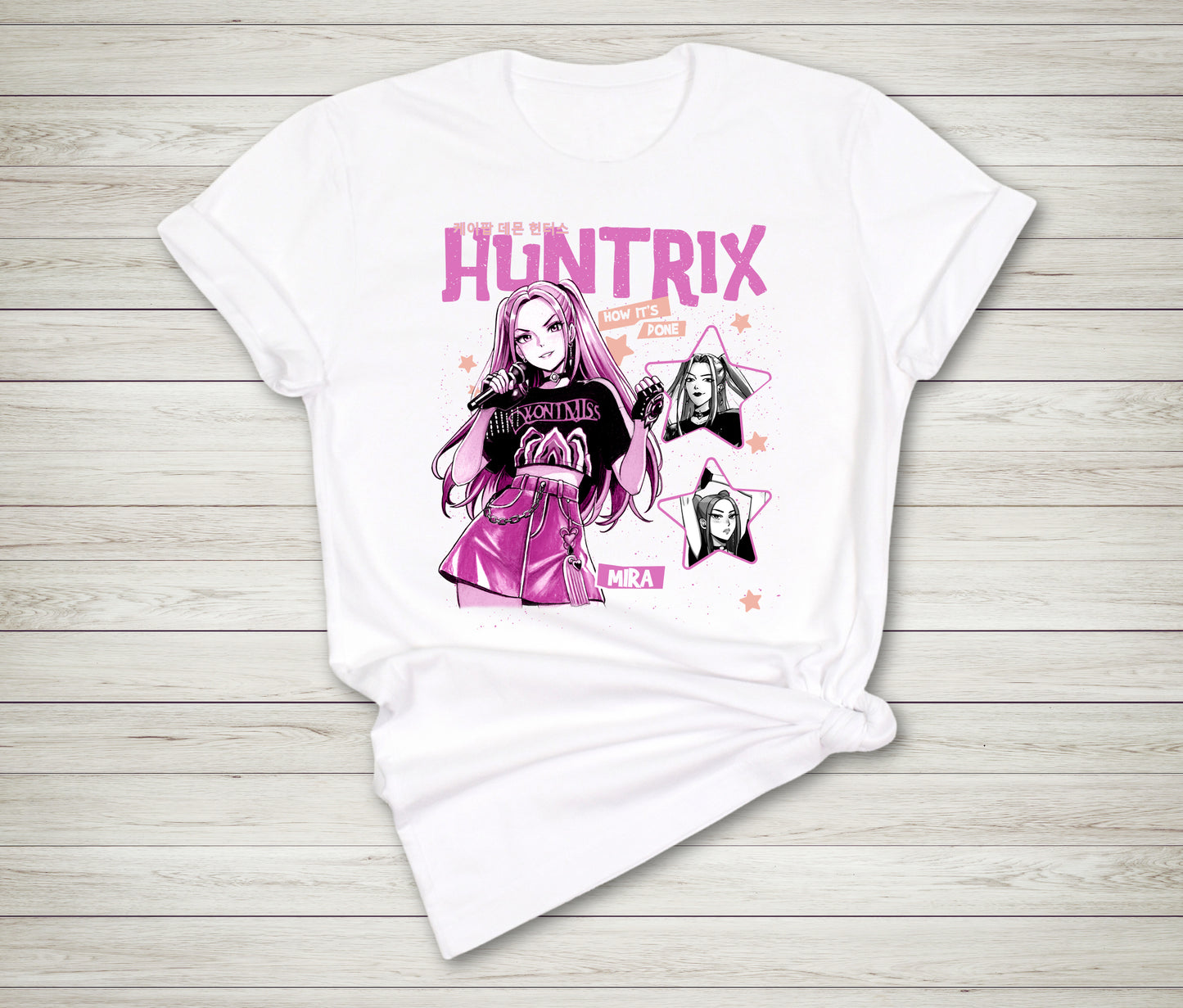 Mira K-pop inspired graphic t-shirt flat lay view