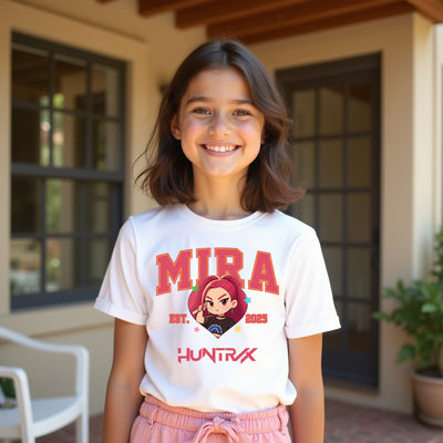 K-Pop Mira Varsity graphic t-shirt featuring Huntrix Demon Hunter design