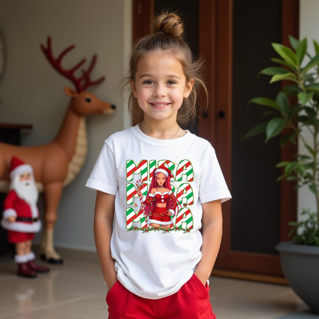 Christmas K-Pop 3D Art Demon Hunters Graphic Tee featuring Mira, festive holiday fashion, streetwear style.