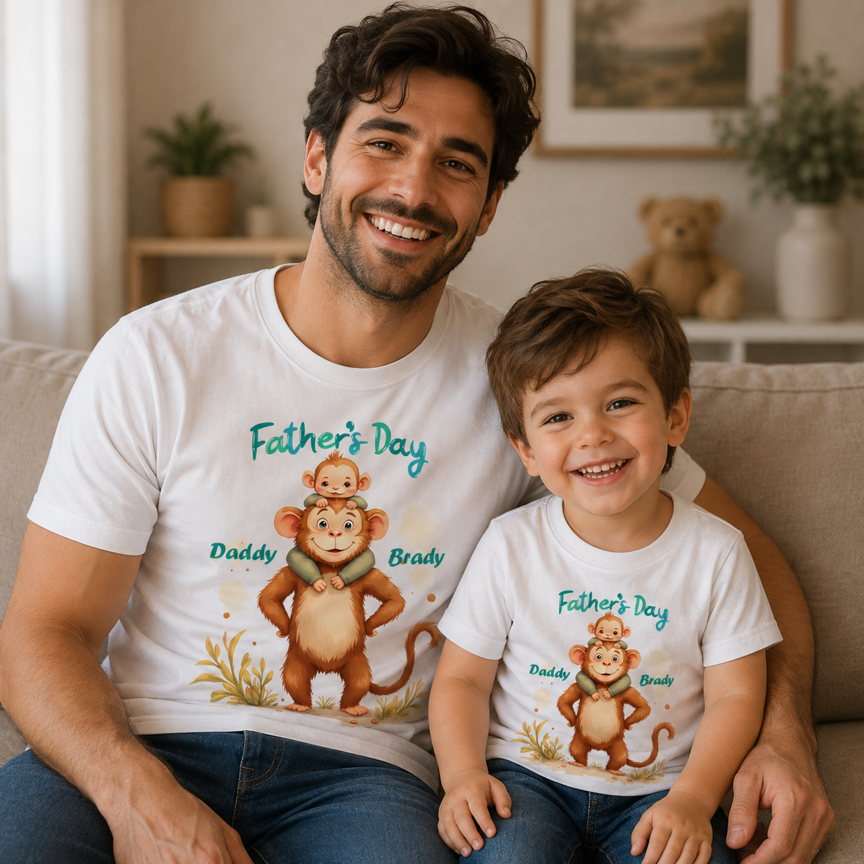 A smiling man and a young boy sit together on a beige couch, both wearing matching white graphic T-shirts with a cartoon monkey design and the text 'Father's Day' and 'Daddy Brady.' The photo is taken in a bright, cozy living room with home decor visible in the background.