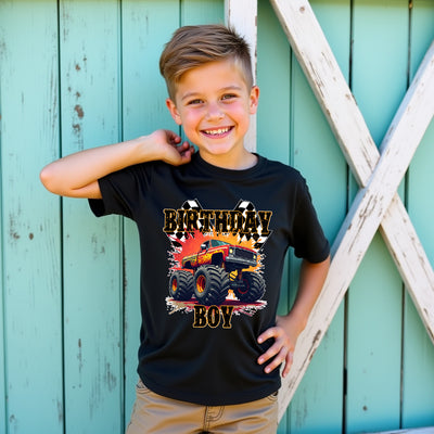 Monster Trucks Birthday Boy t-shirt with colorful design