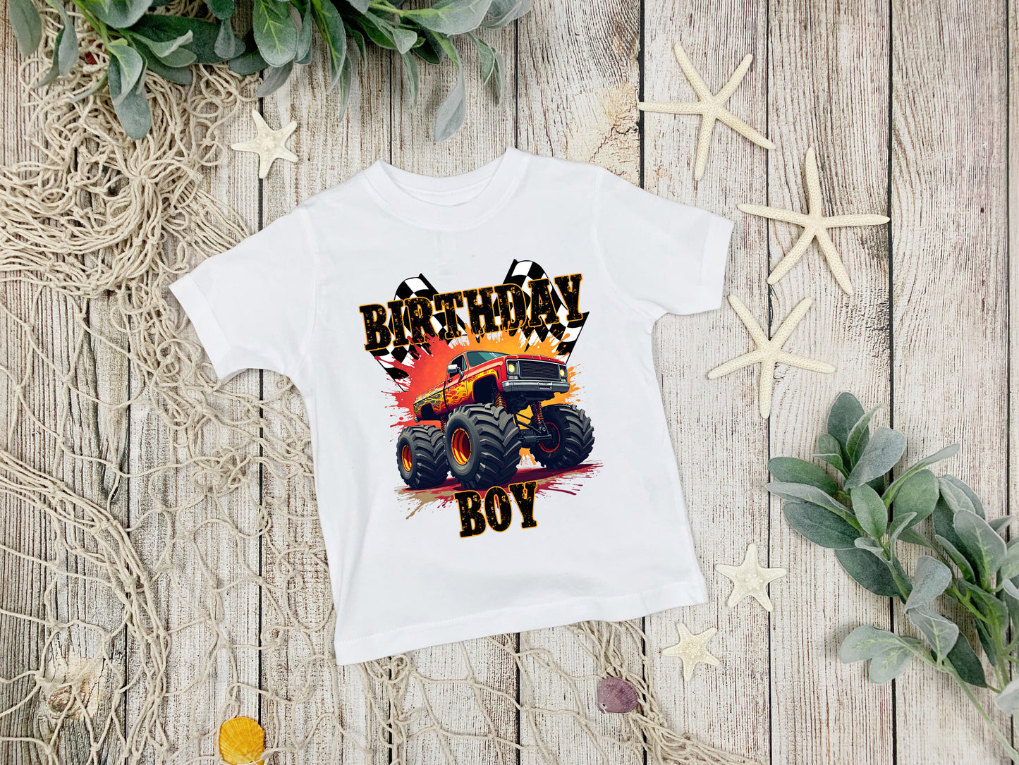 Personalised kids birthday shirt with monster trucks