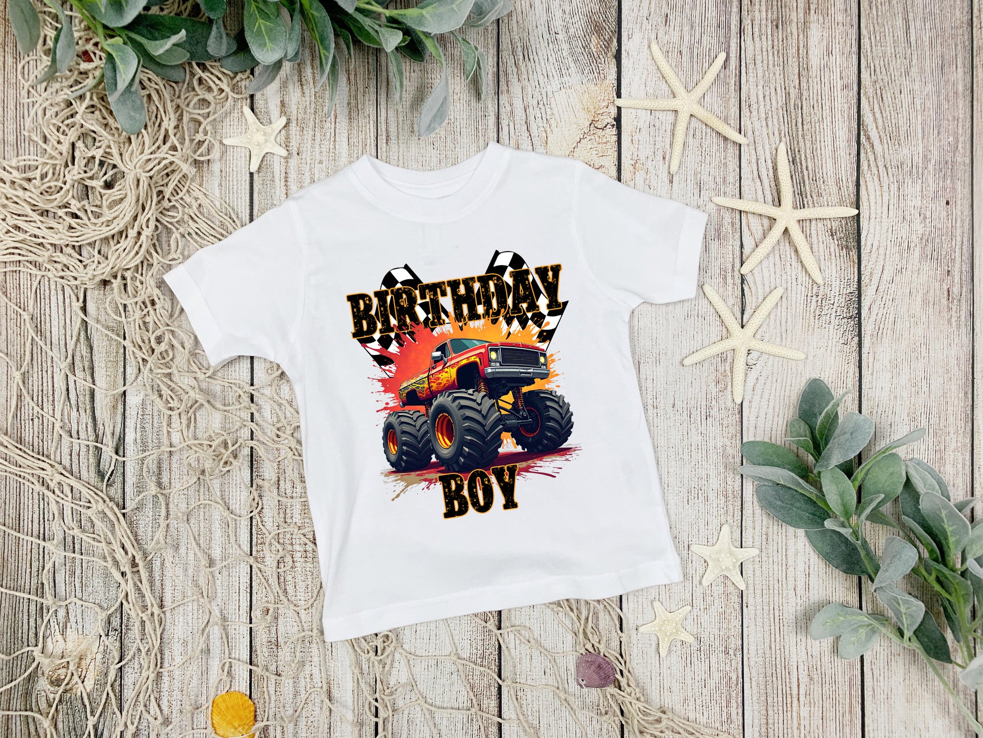 Personalised kids birthday shirt with monster trucks