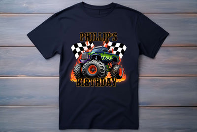 Personalised birthday tee featuring fire monster truck graphic