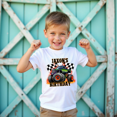 Monster Trucks Fire Birthday t-shirt with personalised name design