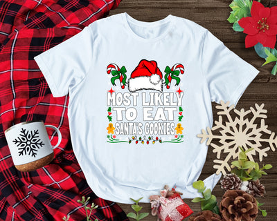 Holiday party tee featuring playful "Most Likely to Eat Santa’s Cookies" design
