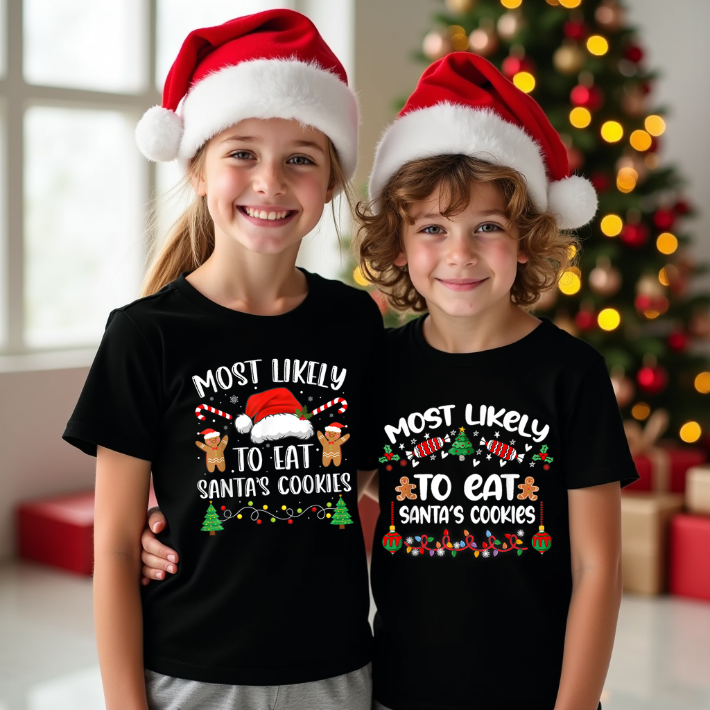 Funny Christmas tshirt with "Most Likely to Eat Santa’s Cookies" text in festive style