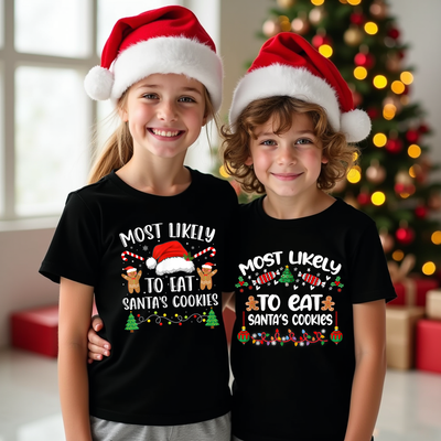 Funny Christmas tshirt with "Most Likely to Eat Santa’s Cookies" text in festive style