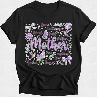 Black t-shirt with floral and text design on a light gray background